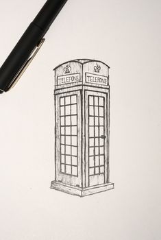 a pencil drawing of a phone booth