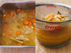 two pictures side by side, one with soup and the other with vegetables in it