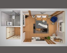 an overhead view of a bedroom and living room in a small apartment with wood flooring