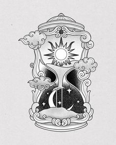 a drawing of a clock with the sun and moon in it's center, surrounded by clouds