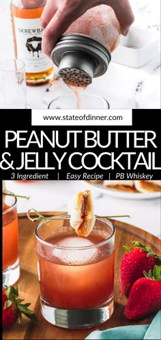 Top of the pin has a pb&j cocktail being poured into a glass, and the bottom is a peanut butter & jelly cocktail on a wooden board, with a small pb&j sandwich square on a cocktail skewer. Peanut Butter Whiskey Drinks Recipes, Screwball Pb&j, Peanut Butter Jelly Drink, Peanut Whiskey Drinks, Peanut Butter And Jelly Martini, Pb&j Cocktail, Peanut Butter And Jelly Drink, Peanut Butter Cocktail Recipe, Peanut Butter Jelly Cocktail