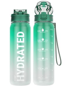 two water bottles with the words hydrated printed on them, both green and white