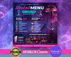 Hookah Menu Flyer, Editable Club Flyer Menu, Canva Menu Template, Luxury Menu Flyer, Happy Hour Printable, Hookah Lounge, DIY Canva Template by VirtualXCreatives on Etsy Blueberry Chocolate, Watermelon And Lemon, Menu Flyer, Club Flyers, Menu Template, Mocktails, Design Agency