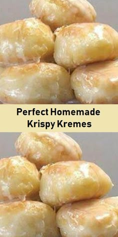 two pictures of doughnuts stacked on top of each other with the words easy homemade krispy kremes