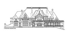 this is the front elevation of these victorian house plans, which are outlined in black and white