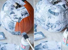 two pictures of a pumpkin being painted with acrylic paint and some other photos