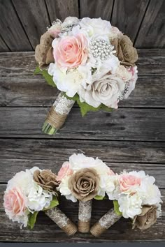 the bridal bouquet is made with burlock and flowers