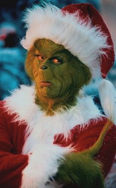 a man dressed as the grinch in a santa suit with his arms folded out