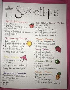 a handwritten recipe for smoothies on a notebook