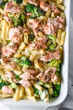 pasta with ham and broccoli in a casserole dish, ready to be eaten