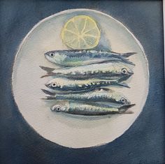 a painting of fish on a plate with lemon wedges