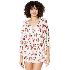 Kate Spade New York Whether Lounging Oceanside Or The By The Rooftop Pool Down The Street, You Can't Go Wrong With The Very Flattering Kate Spade New York Cherry Toss Kimono Sleeve Cover-Up S~M~~ Nwt $142 White V-neck Rayon Top, V-neck Rayon Top For The Beach, Chic Red Loungewear Top, Red Summer Loungewear Tops, Red Tops For Summer Loungewear, Summer V-neck Rayon Tops, Rayon V-neck Top For Beach, Rayon V-neck Top For The Beach, White Summer Top For Loungewear