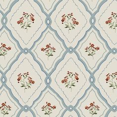 a wallpaper pattern with red flowers and blue trimmings on the edges,