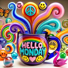 a coffee cup with the words hello monday painted on it and colorful swirls surrounding it