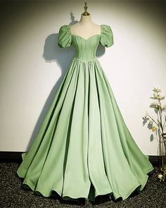 Sage A-line Prom Dress Prom Dress Puffy Sleeves, Sage Green Ball Gown, Ball Gown Aesthetic, Sage Green Gown, Prom Dress Puffy, Sage Gown, Green Dress Formal, Event Dresses Classy, Gown Aesthetic