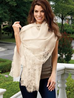 A diaphanous layer of surprising warmth, this shawl protects against cool evening breezes with elegance and charm. Multiple styles of point d’Alencon lace, first made in France in the 16th century, become contemporary when applied in a blithely freeform fashion along both ends of this imported shawl. 50% silk and 50% wool combine for an exquisitely soft effect. In  Gray, with matching overlapping panels of lace and eyelash fringe. Luxury Silk Shawl With Sheer Dupatta, Elegant Beige Lace Dupatta, Elegant Lace Dupatta, Elegant Lace Shawl Dupatta, Elegant Sheer Dupatta Shawl, Lace Dupatta With Lace Trim, Elegant Lace Trim Shawl Scarf, Elegant Shawl Scarf With Lace Trim, Elegant Lace Shawl Scarves