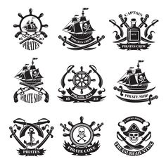 set of vintage pirate emblems with ships, anchors and steering wheel on white background