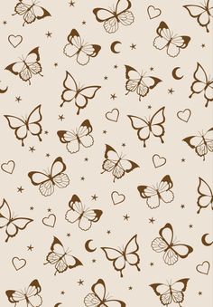 brown and white butterflies with hearts on them are flying through the air in this seamless background