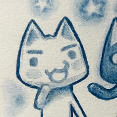 a drawing of a cat and a dog on a piece of paper with blue ink