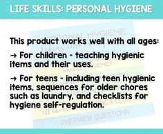 a poster with the words life skills personal hygiene written in black on it