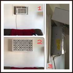 three pictures showing different types of air conditioner and wall mounted heater with instructions