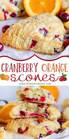 cranberry orange scones are stacked on top of each other, with the title above it