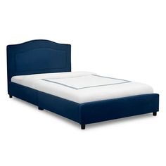 a bed with blue headboard and foot board on white background, viewed from the side