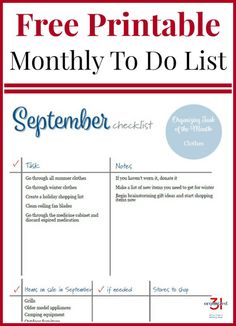 the free printable month to do list is shown in red and white with blue accents