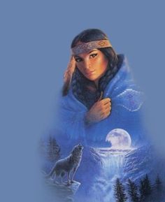 a painting of a woman with a wolf on her shoulder and the moon behind her