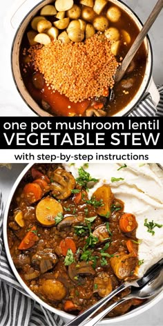 two bowls filled with stew and vegetables next to each other