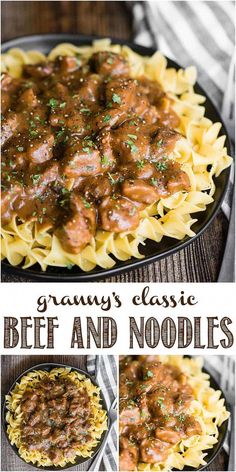 beef and noodles with gravy in a skillet, on top of a wooden table