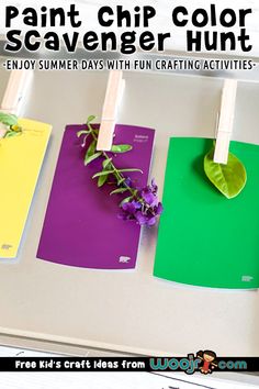 three different colored cards with flowers on them and the words paint chip color scavenger hunt