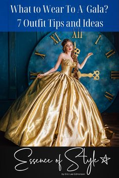 Have you been invited to a Gala and not sure what to wear? Look no further as I am sharing 7 outfit tips and inspiration to help you be the Belle of Ball! #galaoutfit #galaoutfitideasformal #galaoutfitideasclassy #galaoutfitdresses Golden Ball Gown, Royal Look, Womens Business Casual, Foto Poses, Beauty Dress, 영감을 주는 캐릭터, Gold Dress