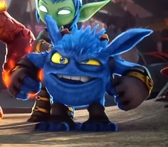 an animated character with blue hair and yellow eyes, standing in front of other characters