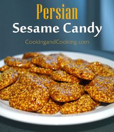 sesame candy on a white plate with the words persian sesame candy