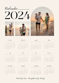 a calendar with three pictures of people holding hands and walking on the beach at sunset