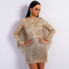 Elegant Gold Dress, Best Dress Shops, Simple Party Dress, Glitter Mini Dress, Mini Gold Dress, Tassel Dress, Party Dress Long Sleeve, فستان سهرة, Fringe Dress