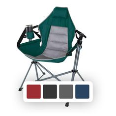 a folding chair with a cup holder on top and four colors in the bottom half