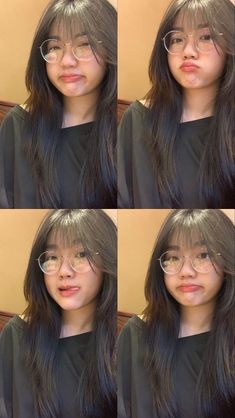 four pictures of a woman with glasses and long hair, making different expressions on her face