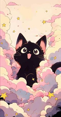 a black cat sitting in the clouds with stars on it's chest and eyes