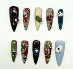 Fall Junk Nails, Press Nails, Crazy Nail Art, Ace Card, Long Stiletto, Poker Chip, Grunge Nails, Crazy Nails