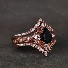 3PCS Vintage Black Onyx Engagement Ring Rose Gold Ring Art Deco Curved Stacking Band Pear Shaped Bridal Set Unique Moissanite Wedding Set - Etsy Vintage Black Engagement Rings, Engagement Rings Dark, Black And Gold Engagement Ring, Wedding Ring Ideas Unique, Your Still The One, Witchy Engagement Ring, Nice Engagement Rings, Black Engagement Rings, Victorian Wedding Ring