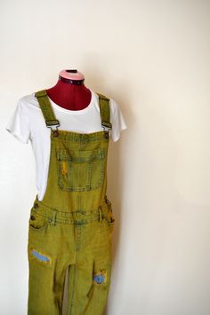 Item# 230243 I have been dying denim regularly - I just started dying other items like these overalls.  They have been a big hit! ABOUT OVERALLS: Overalls are loose fitting. The waist measurement is about 1-2 inches larger than what you would normally wear.  Adult Small 32-34" waist.  Medium 34-36" waist,  Large 36-38 waist XL are 38-42 waist.  DETAILS: Upcycled Denim Overalls "BlueSpice " Brand 98% Cotton/2% Spandex Dyed Gold Mock Fly  Womens Size Medium Measurements:   Size Jrs. Medium 34" Wai Overall Pants, Upcycled Jeans, Bib Overalls, Upcycled Denim, How To Dye Fabric, Denim Overalls, Overalls, Loose Fitting, Womens Sizes