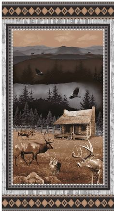 an image of a cabin in the woods with deer and birds around it, on a beige background