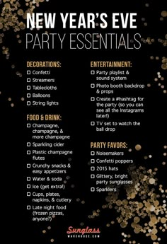 the new year's eve party essentials list with gold confetti on it