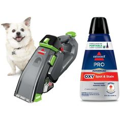 a dog is standing next to a vacuum cleaner and cleaning products on a white background