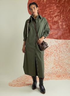 Mercado Dress - Army (PRE - ORDER) - Meg Winter Workwear Button-up Midi Dress, Fall Cotton Shirt Dress With Buttoned Pockets, Winter Workwear Button-up Shirt Dress, Cotton Shirt Dress With Buttoned Pockets For Fall, Winter Workwear Cotton Midi Dress, Fall Button-up Midi Dress With Buttons, Casual Fall Shirt Dress With Button Cuffs For Daywear, Fall Shirt Dress With Button Cuffs For Daywear, Winter Collared Dress With Button Cuffs