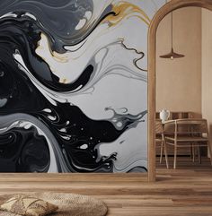 an abstract painting on the wall in a living room