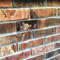 a brick wall with a small animal peeking out of it's hole in the middle