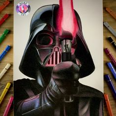 a drawing of darth vader with colored crayons around it and some markers